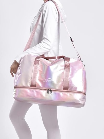 Holographic Pink Travel Duffel With Bottom Shoe Compartment